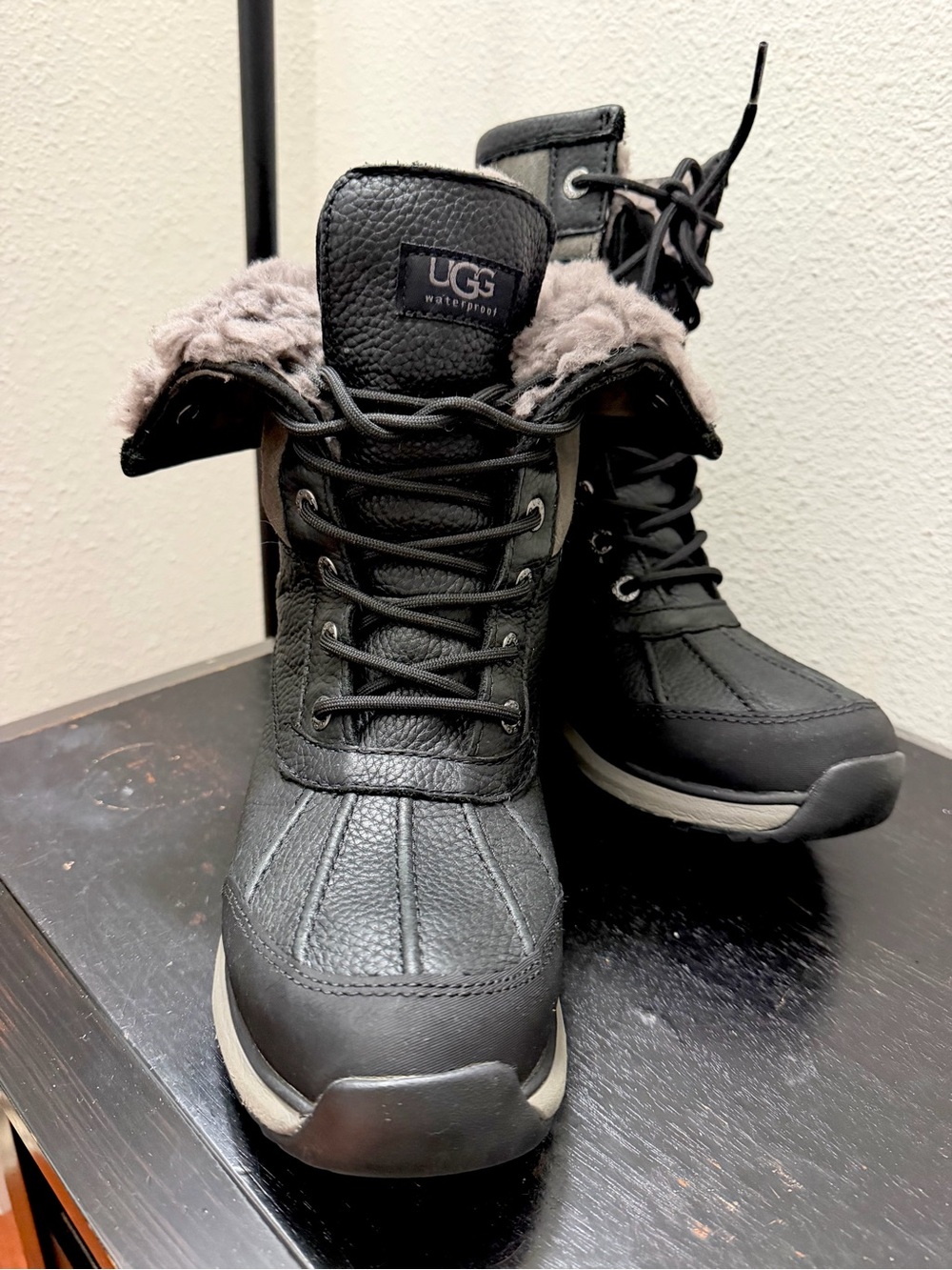 UGG Women's Black Waterproof Lace-Up Winter Boots with Gray Shearling Trim